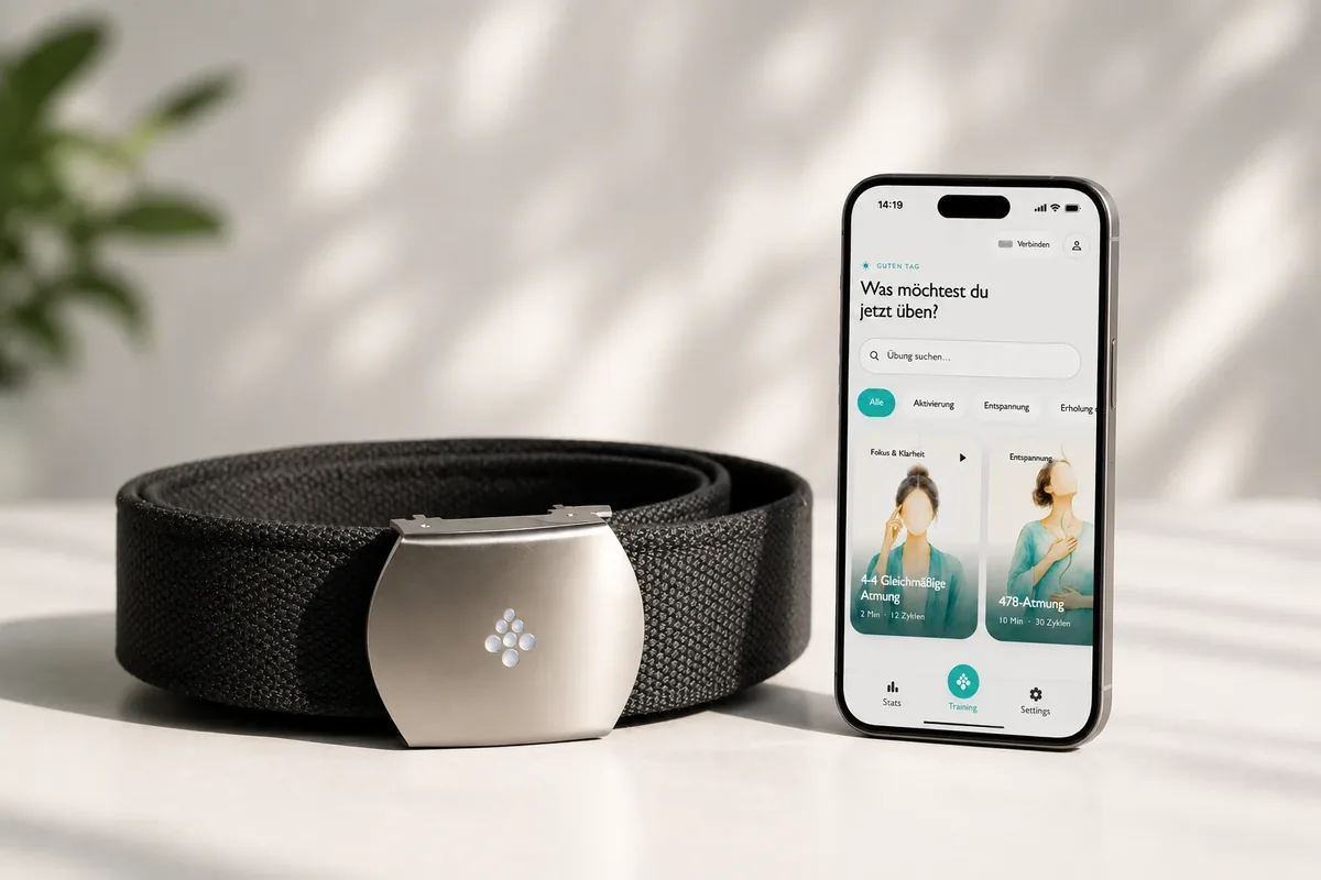 Der DeepBreath-Atemgürtel neben einem Smartphone mit der Trainings-App
