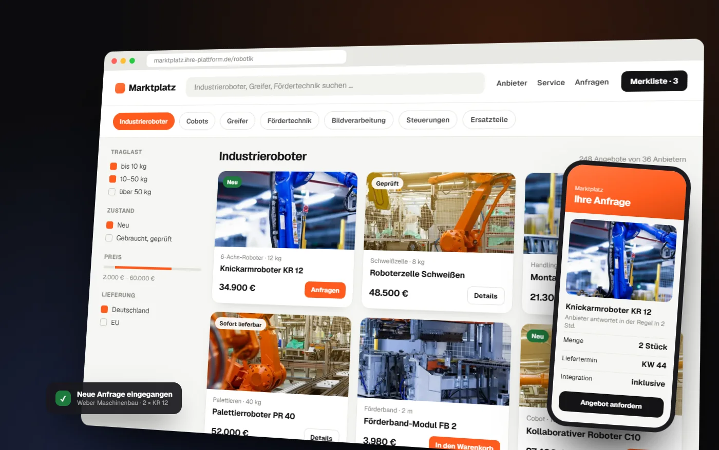 Oberfläche eines B2B-Marktplatzes für Industrieroboter und Automatisierung