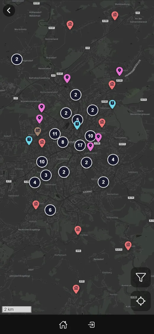 Karte mit Jugendeinrichtungen rund um Chemnitz