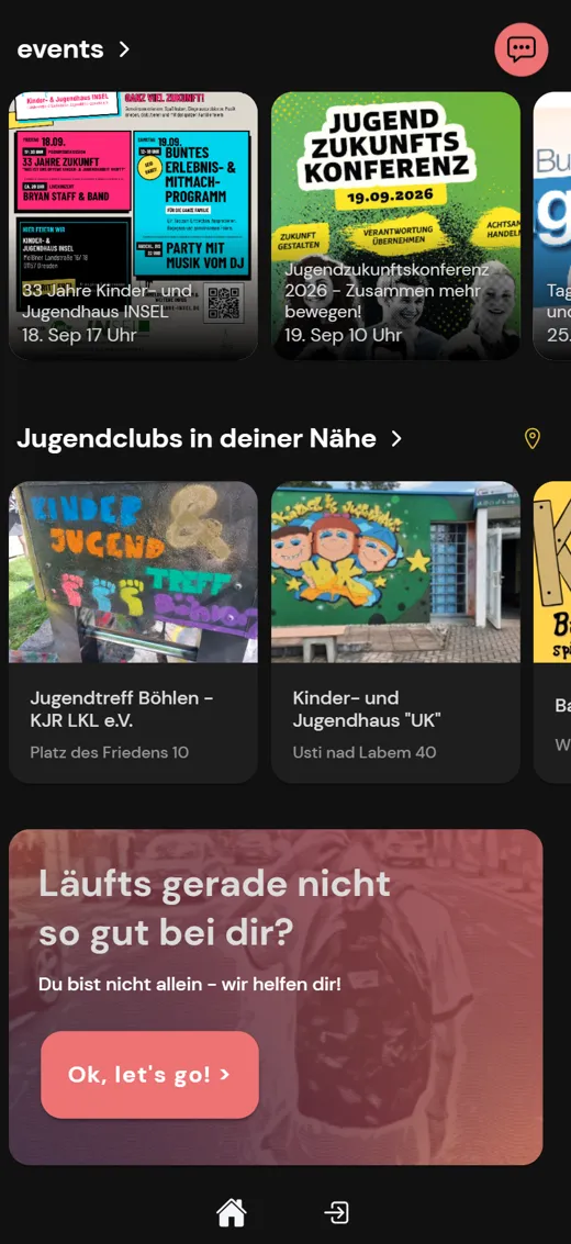yoggl-Startseite mit Events, Jugendclubs in der Nähe und Zugang zur Beratung