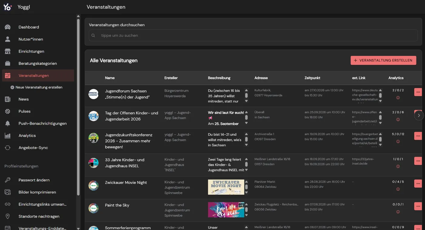 Verwaltung mit Veranstaltungsliste, Suche und Funktion zum Erstellen neuer Veranstaltungen